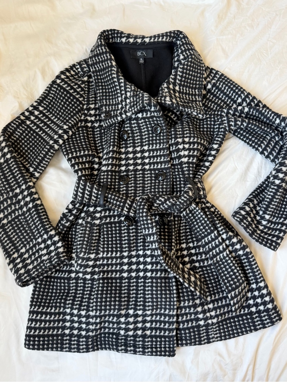 BCX Black & White Houndstooth Peacoat with Waist Tie - Picture 4 of 7